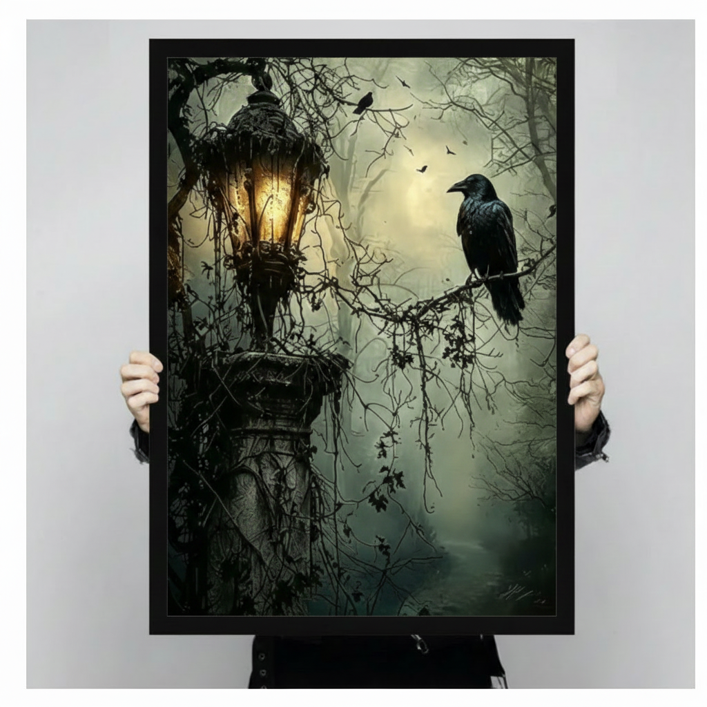 Framed gothic raven canvas wall art with a forest lantern scene