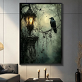 Framed gothic raven canvas wall art with a forest lantern scene