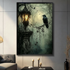 Framed gothic raven canvas wall art with a forest lantern scene