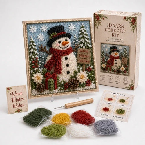 Pre-punched 3D Christmas yarn poke art kit with yarn bundles and wooden needle