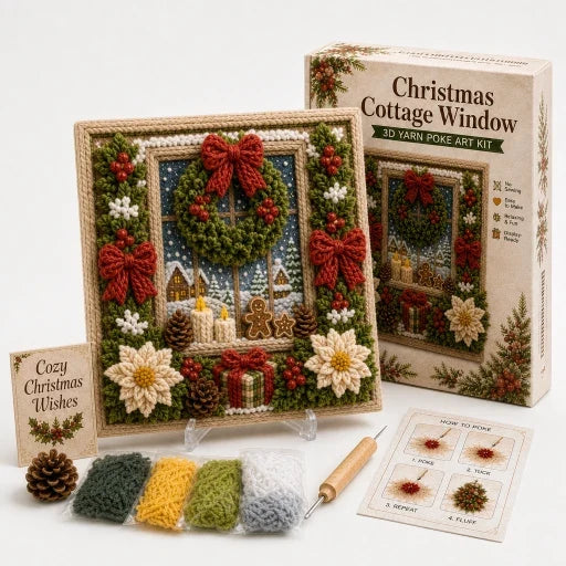 Pre-punched 3D Christmas yarn poke art kit with yarn bundles and wooden needle