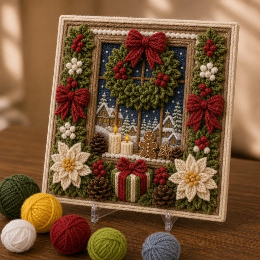 Pre-punched 3D Christmas yarn poke art kit with yarn bundles and wooden needle