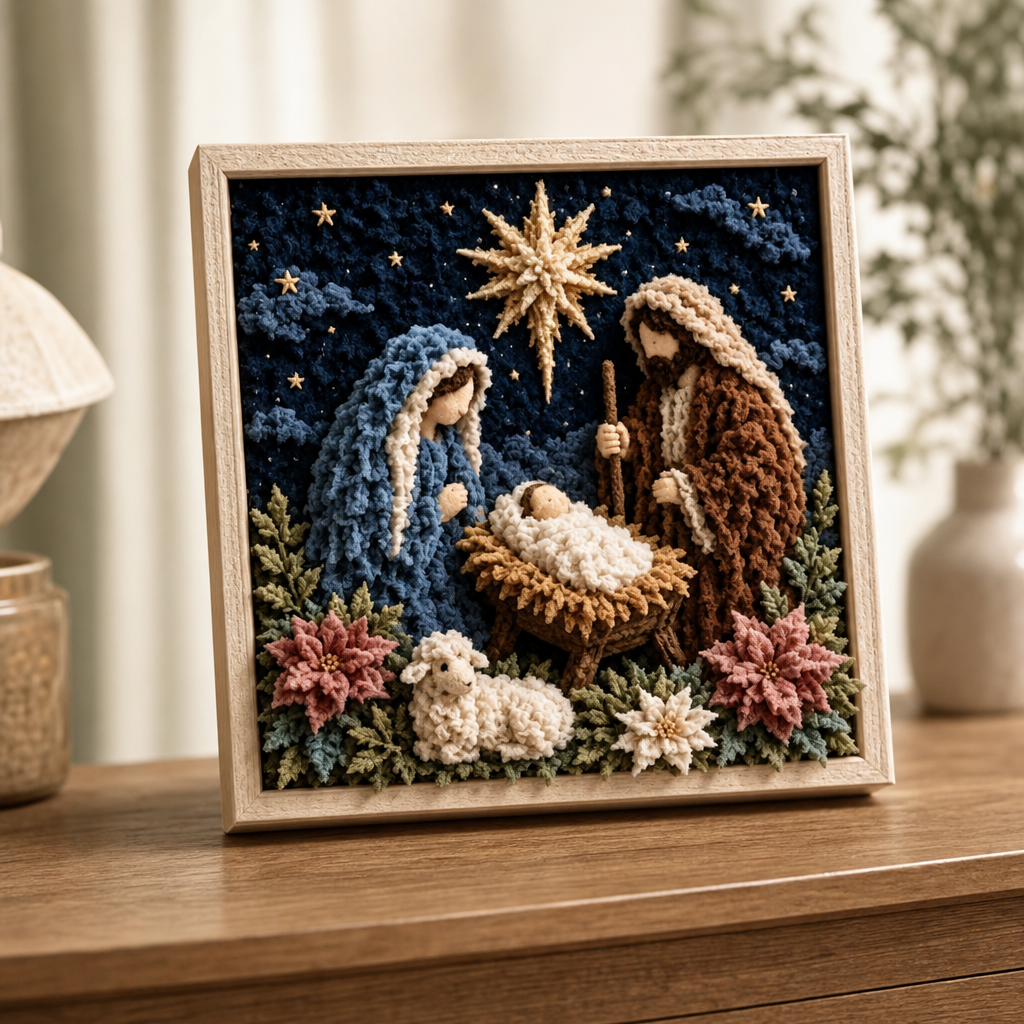 Framed 3D fabric religious wall art with raised nativity scene