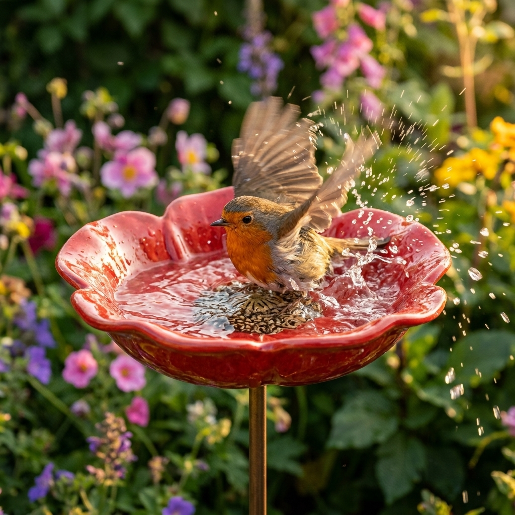 Hand-formed poppy-shaped bird bath garden stake with decorative bird figure