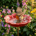 Hand-formed poppy-shaped bird bath garden stake with decorative bird figure