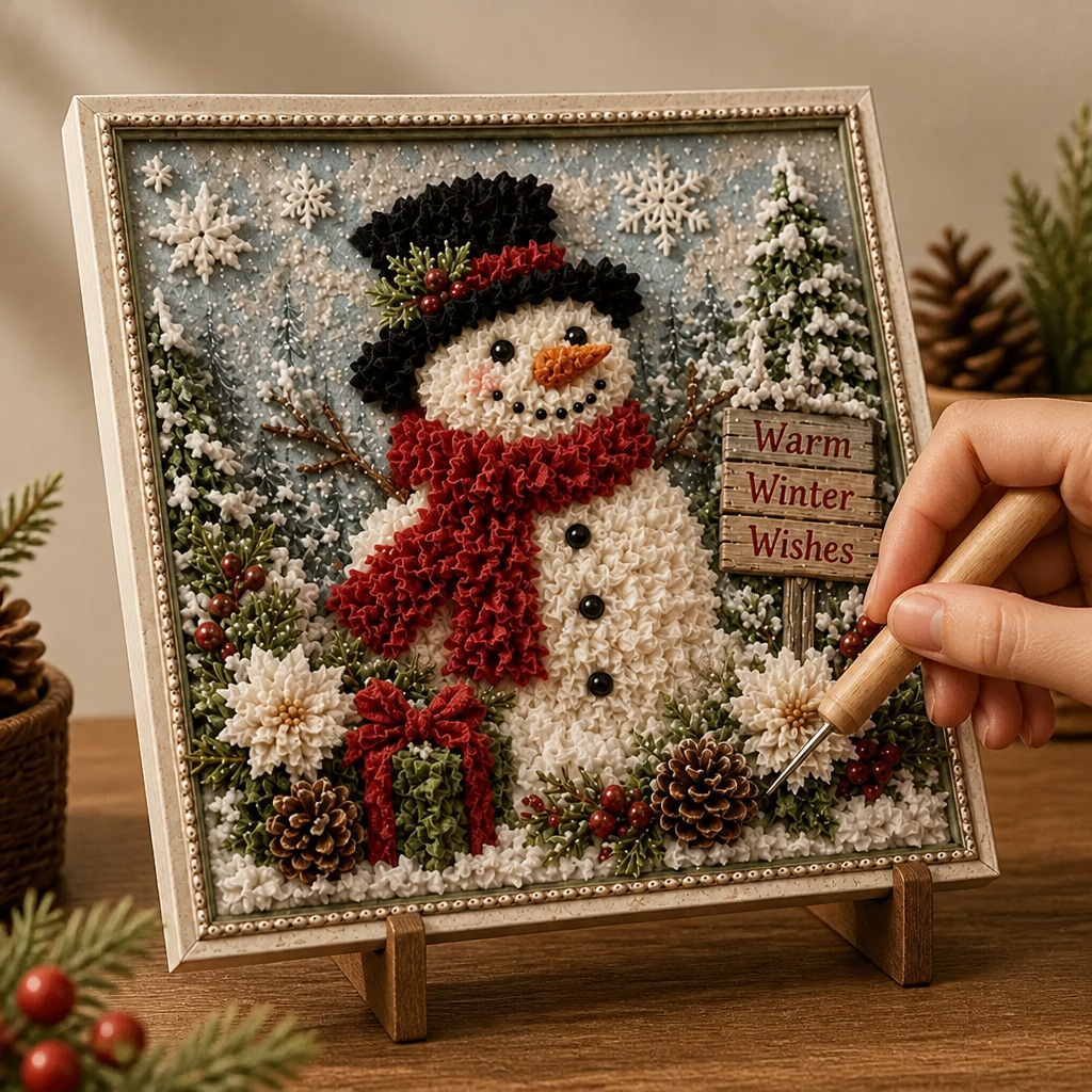 Pre-punched 3D Christmas yarn poke art kit with yarn bundles and wooden needle
