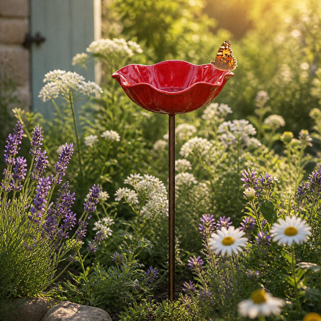Hand-formed poppy-shaped bird bath garden stake with decorative bird figure