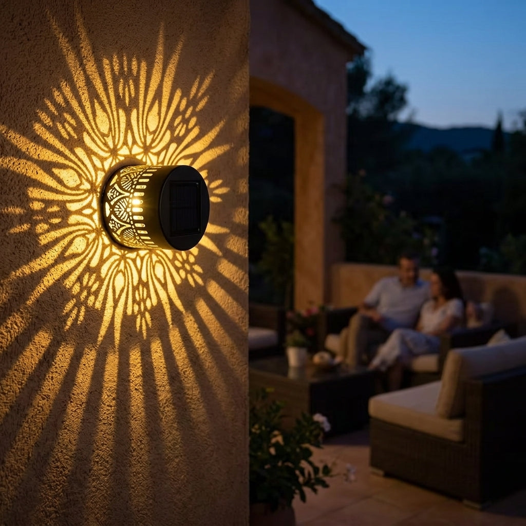 Black cylindrical solar mandala projector light casting a patterned glow outdoors