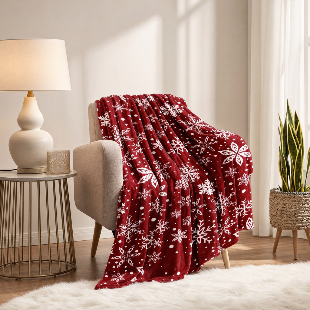 Red Christmas fleece throw blanket with white snowflakes and Merry Christmas lettering