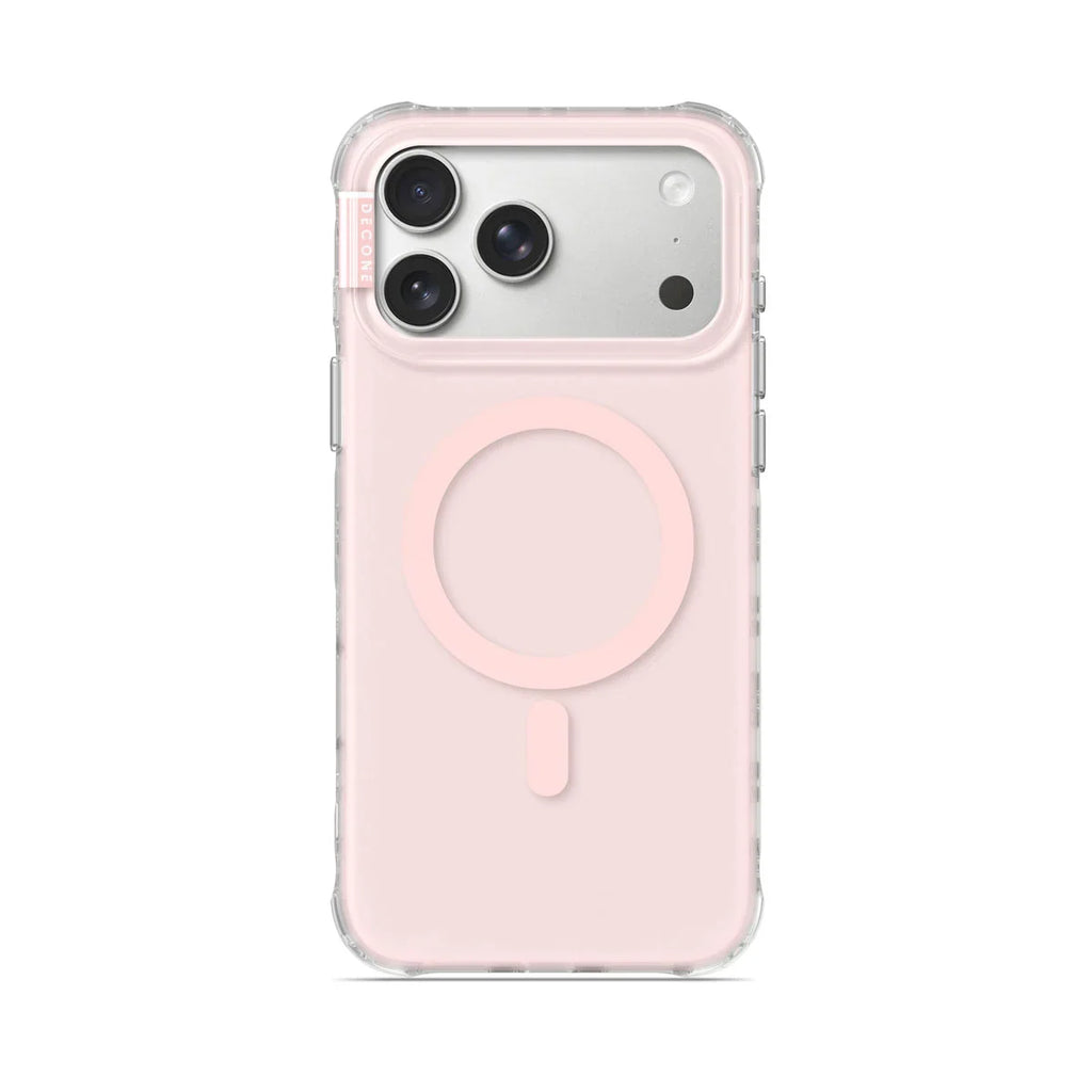 Clear matte iPhone case with pale pink back and circular ring detail