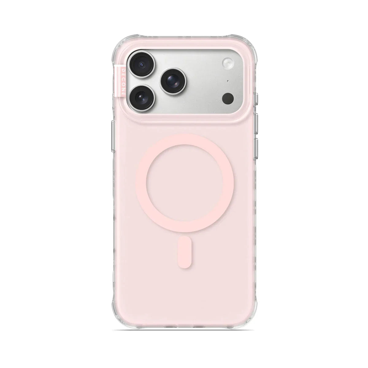 Clear matte iPhone case with pale pink back and circular ring detail