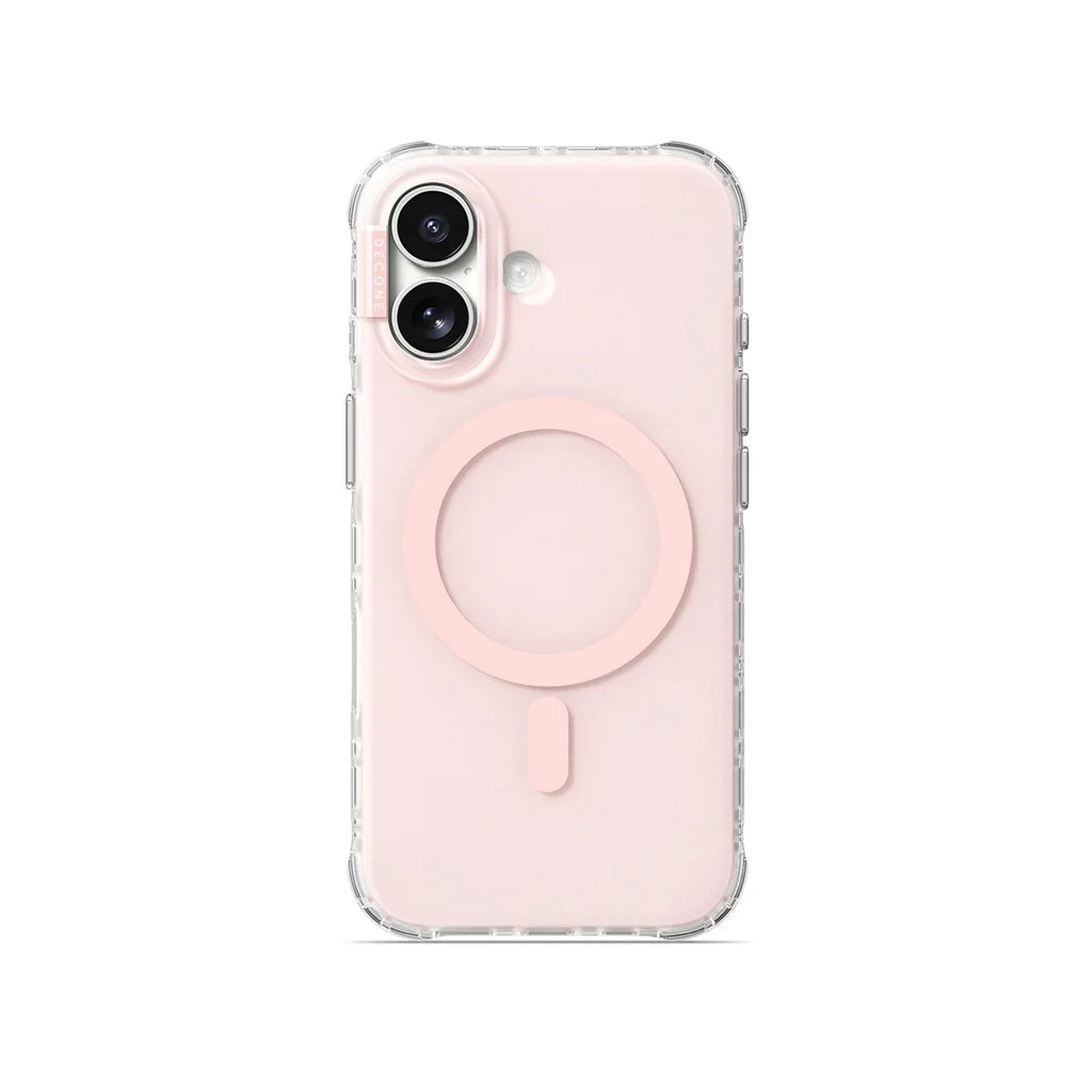 Clear matte iPhone case with pale pink back and circular ring detail