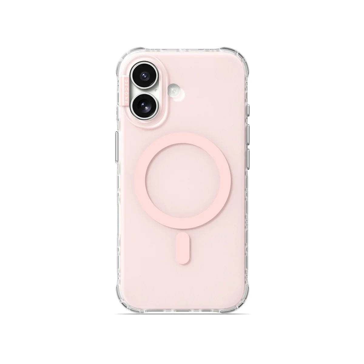 Clear matte iPhone case with pale pink back and circular ring detail