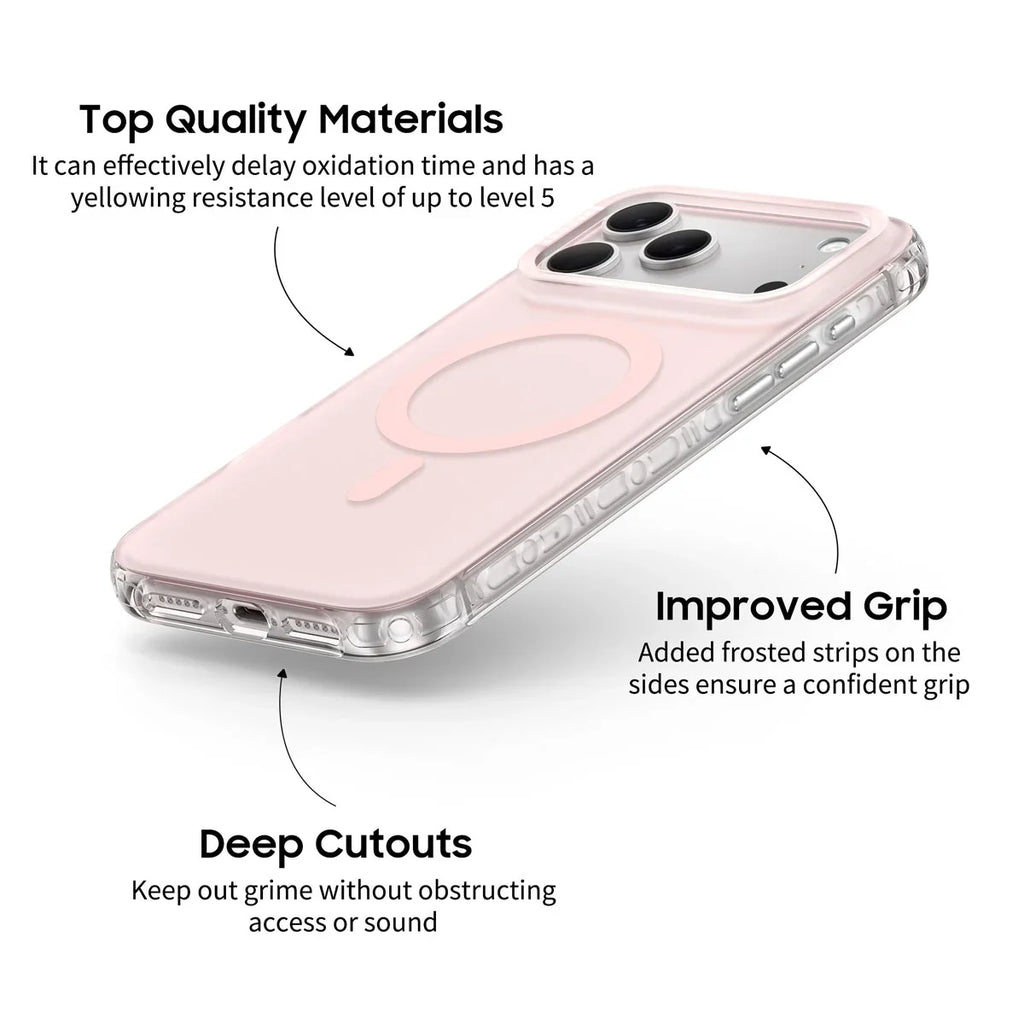 Clear matte iPhone case with pale pink back and circular ring detail