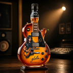 Guitar-shaped amber brown decorative decanter on a black display base