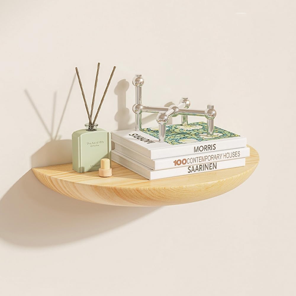 Half-round floating wall shelf with a wood grain finish