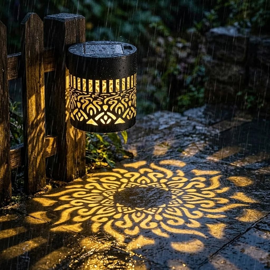 Black cylindrical solar mandala projector light casting a patterned glow outdoors