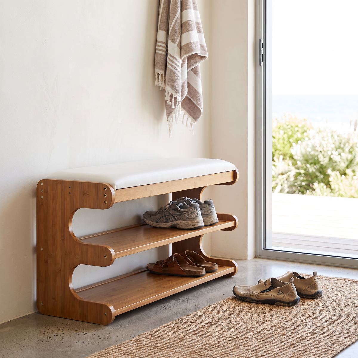 Brown bamboo shoe bench with white padded seat and two open storage shelves