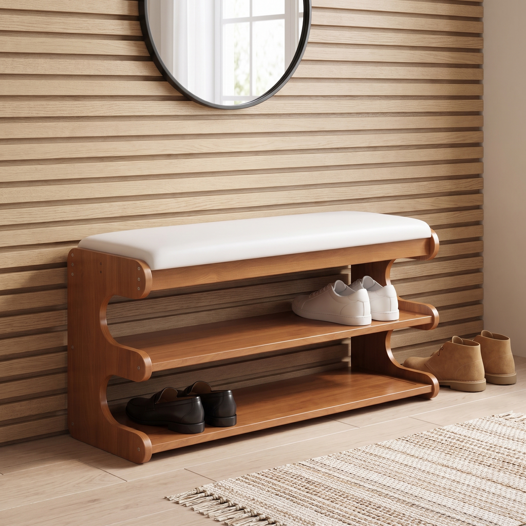 Brown bamboo shoe bench with white padded seat and two open storage shelves