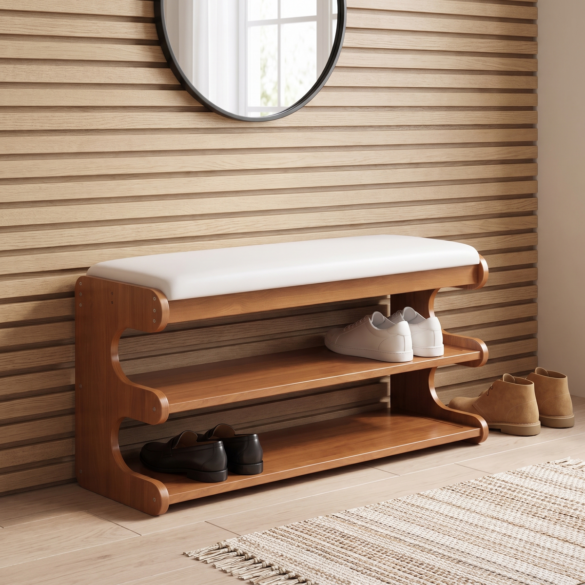 Brown bamboo shoe bench with white padded seat and two open storage shelves