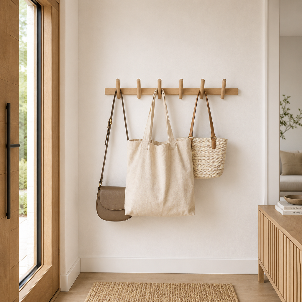 Brown oak-effect wall-mounted coat rack with multiple rounded pegs
