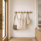 Brown oak-effect wall-mounted coat rack with multiple rounded pegs
