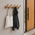 Brown oak-effect wall-mounted coat rack with multiple rounded pegs