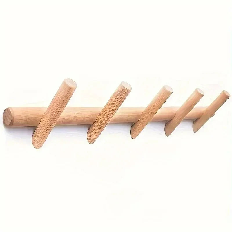Brown oak-effect wall-mounted coat rack with multiple rounded pegs