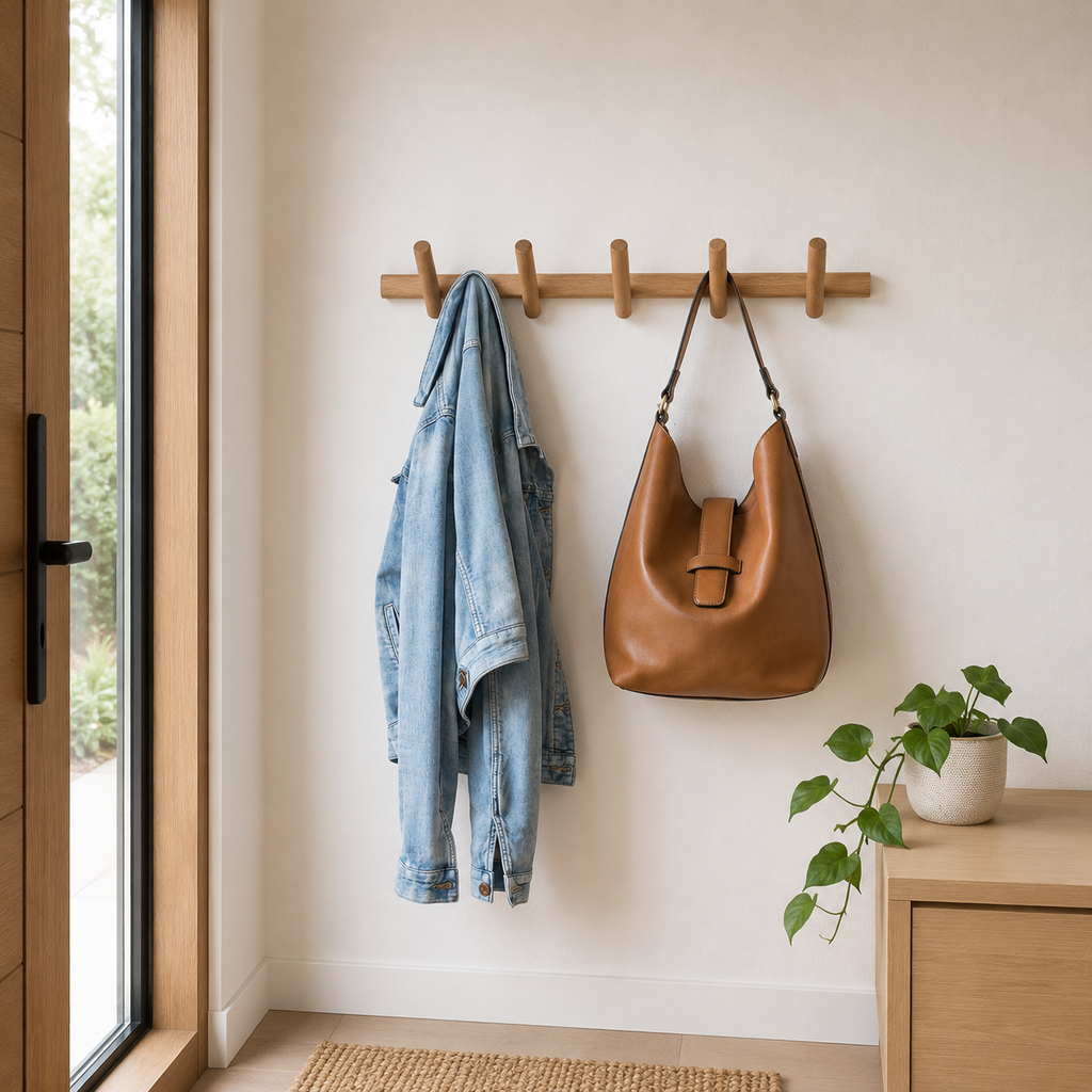 Brown oak-effect wall-mounted coat rack with multiple rounded pegs