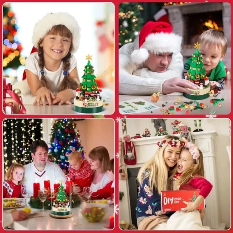 Green Christmas tree music box with hand crank, train scene and festive decorations