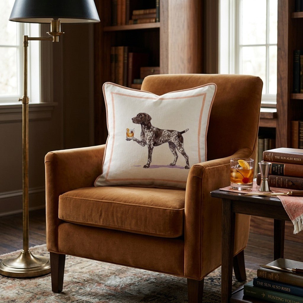 Cream decorative throw pillow with German Shorthaired Pointer illustration and coloured border