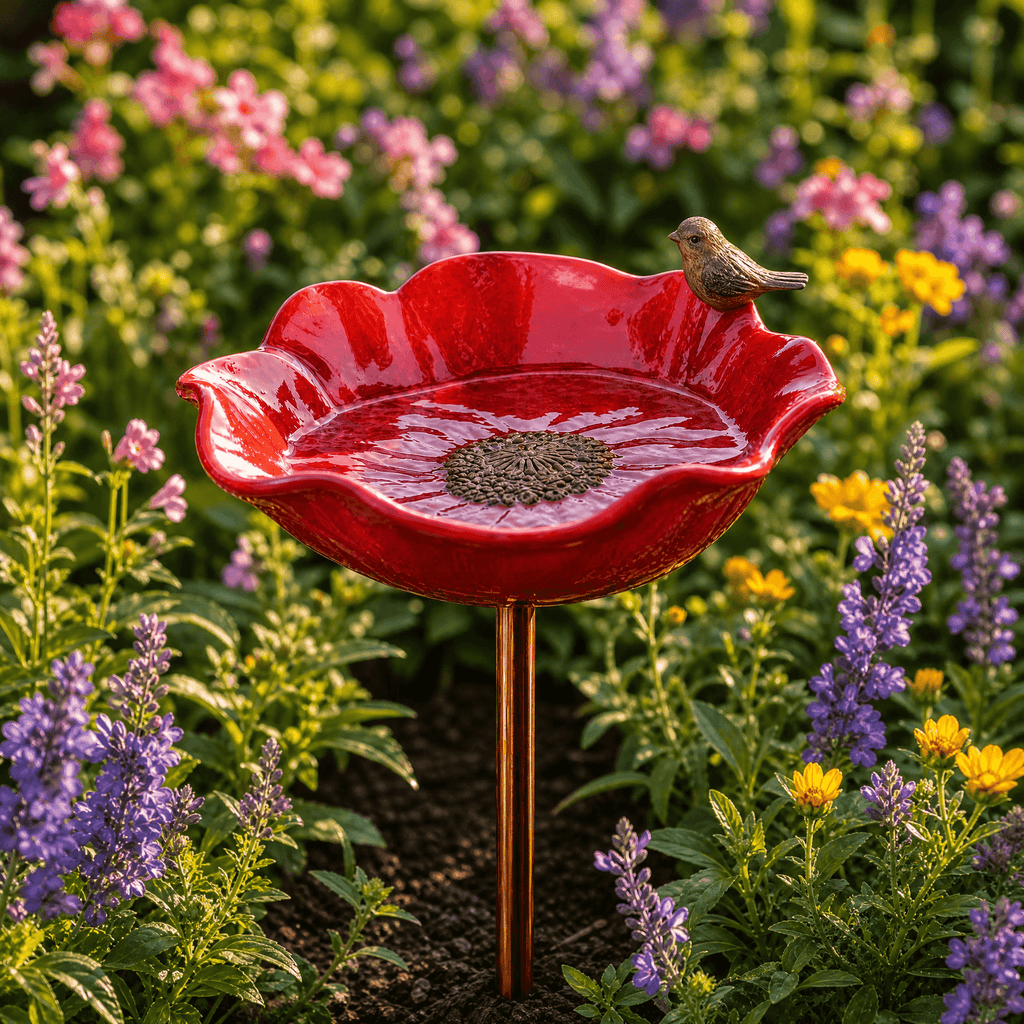 Hand-formed poppy-shaped bird bath garden stake with decorative bird figure