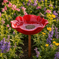 Hand-formed poppy-shaped bird bath garden stake with decorative bird figure
