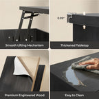 Black lift-top coffee table with LED-lit storage shelf and integrated charging station