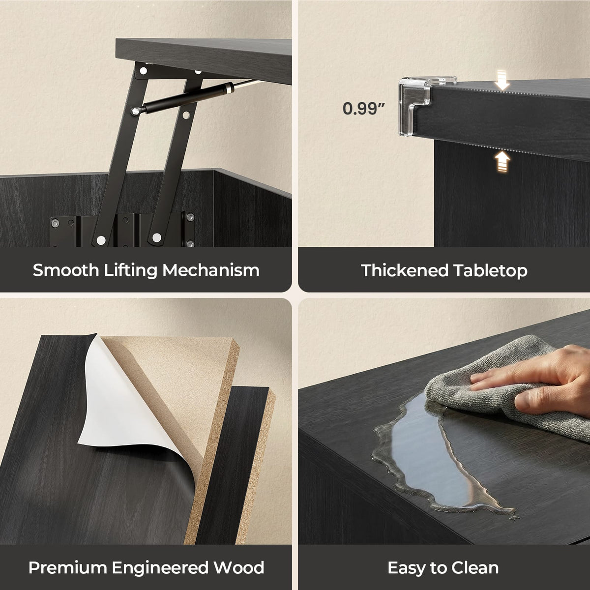 Black lift-top coffee table with LED-lit storage shelf and integrated charging station