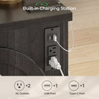 Black lift-top coffee table with LED-lit storage shelf and integrated charging station
