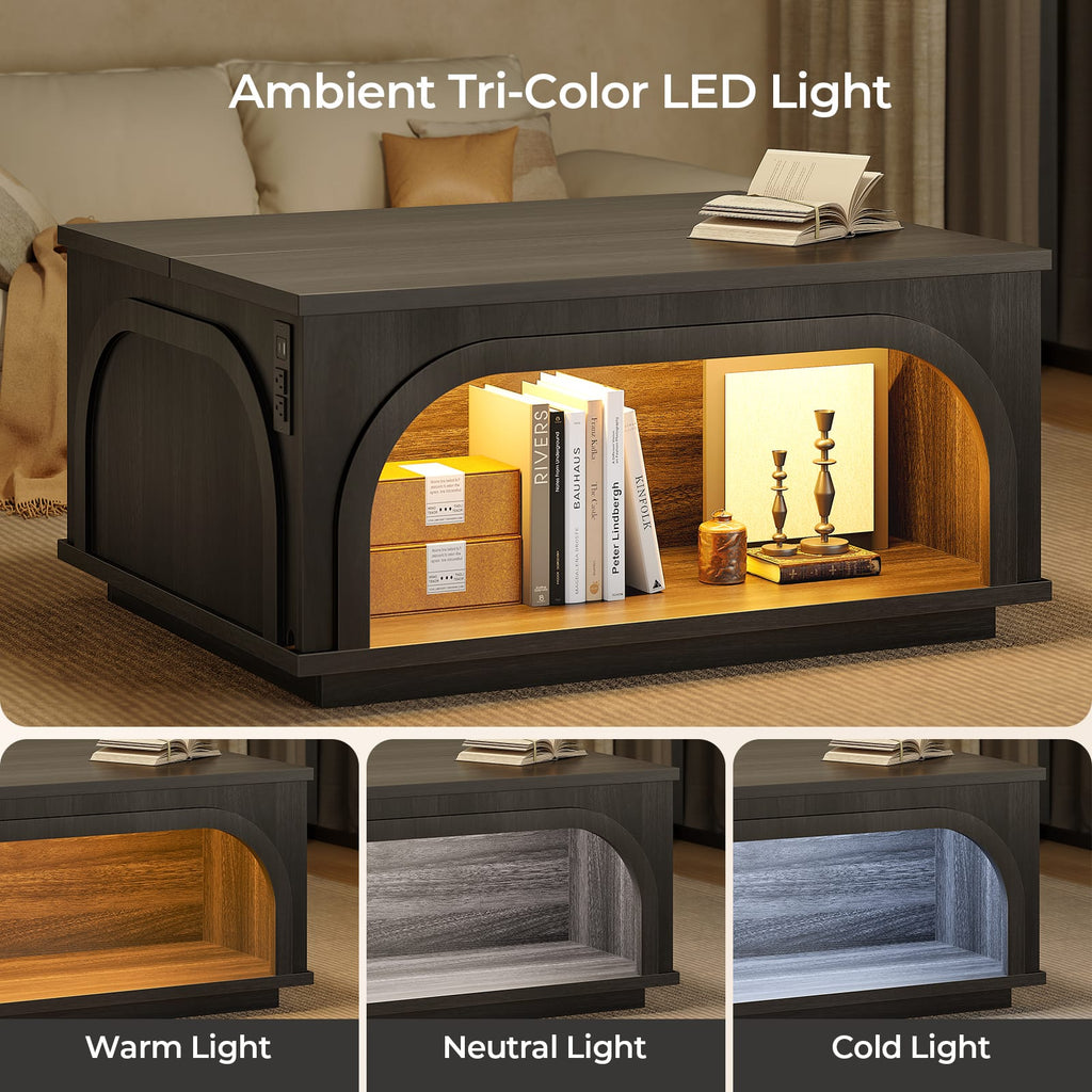 Black lift-top coffee table with LED-lit storage shelf and integrated charging station