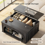 Black lift-top coffee table with LED-lit storage shelf and integrated charging station