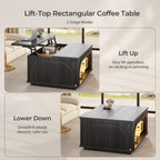 Black lift-top coffee table with LED-lit storage shelf and integrated charging station
