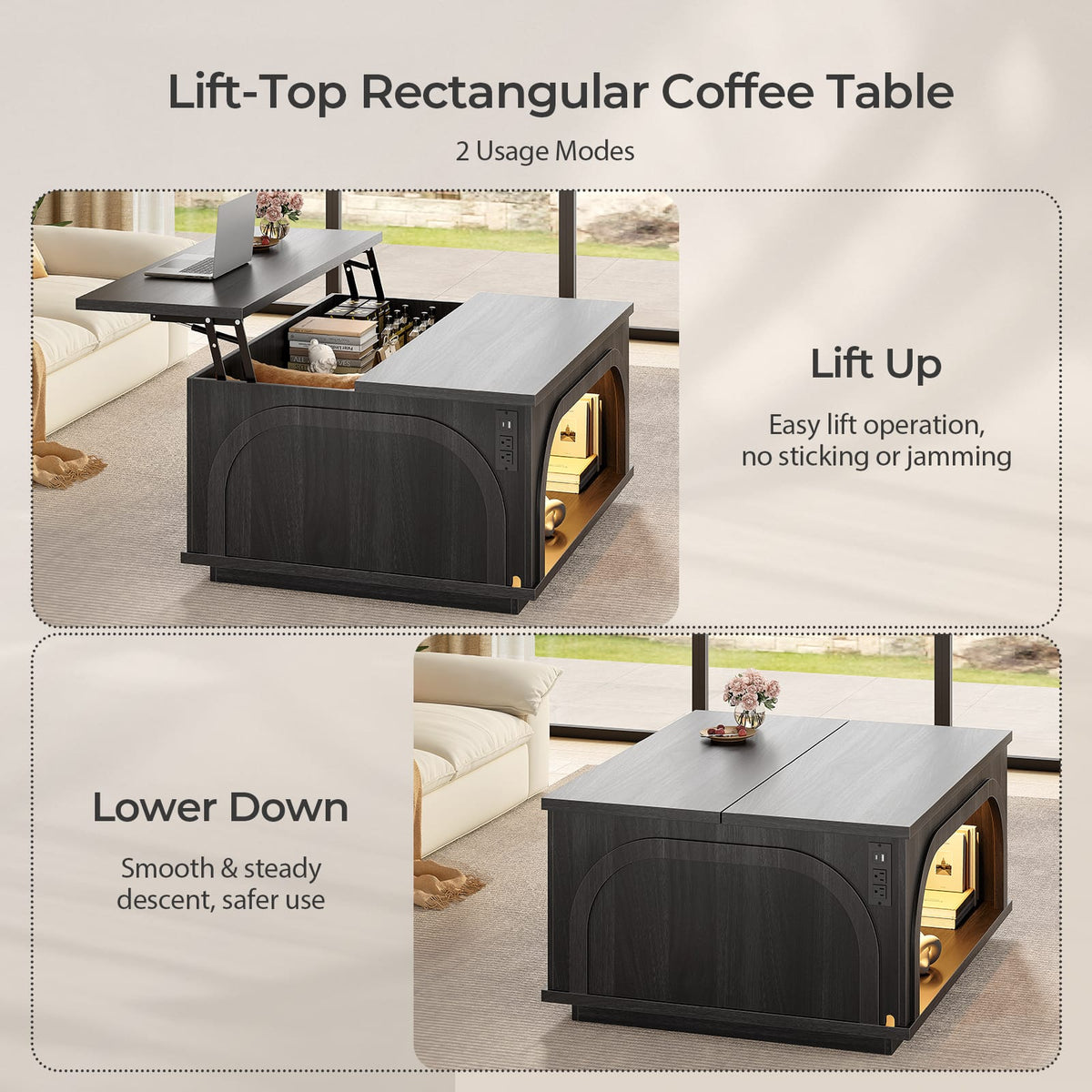 Black lift-top coffee table with LED-lit storage shelf and integrated charging station