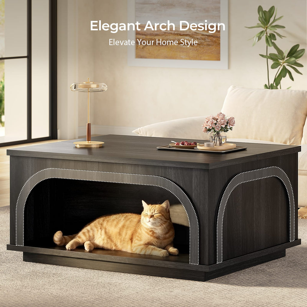 Black lift-top coffee table with LED-lit storage shelf and integrated charging station
