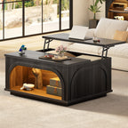 Black lift-top coffee table with LED-lit storage shelf and integrated charging station