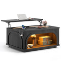 Black lift-top coffee table with LED-lit storage shelf and integrated charging station