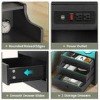 Black LED bedside table with three drawers, illuminated shelf and built-in power panel