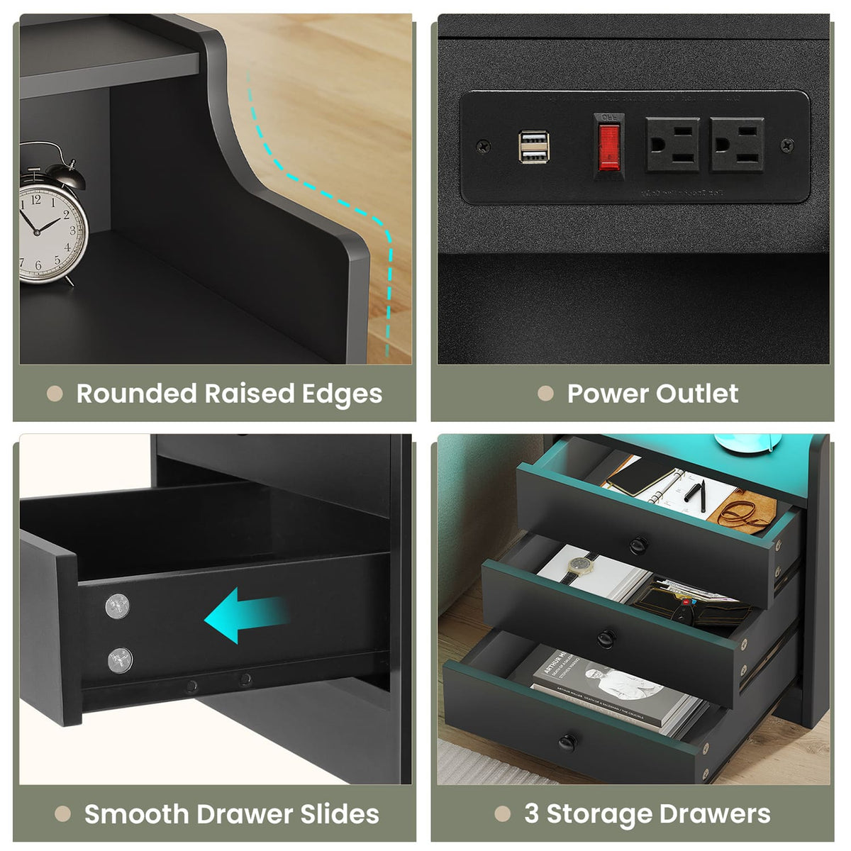 Black LED bedside table with three drawers, illuminated shelf and built-in power panel