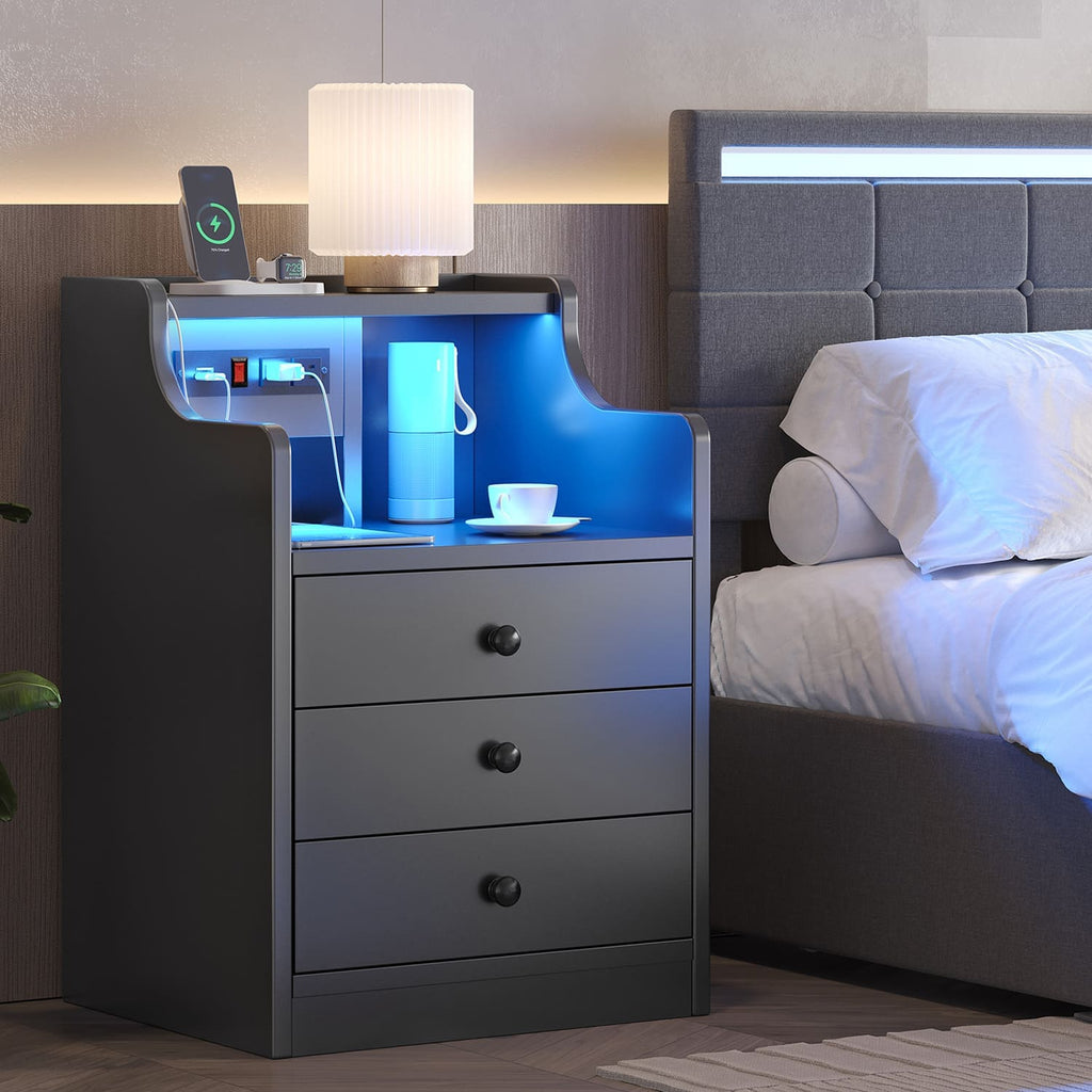 Black LED bedside table with three drawers, illuminated shelf and built-in power panel