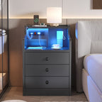 Black LED bedside table with three drawers, illuminated shelf and built-in power panel
