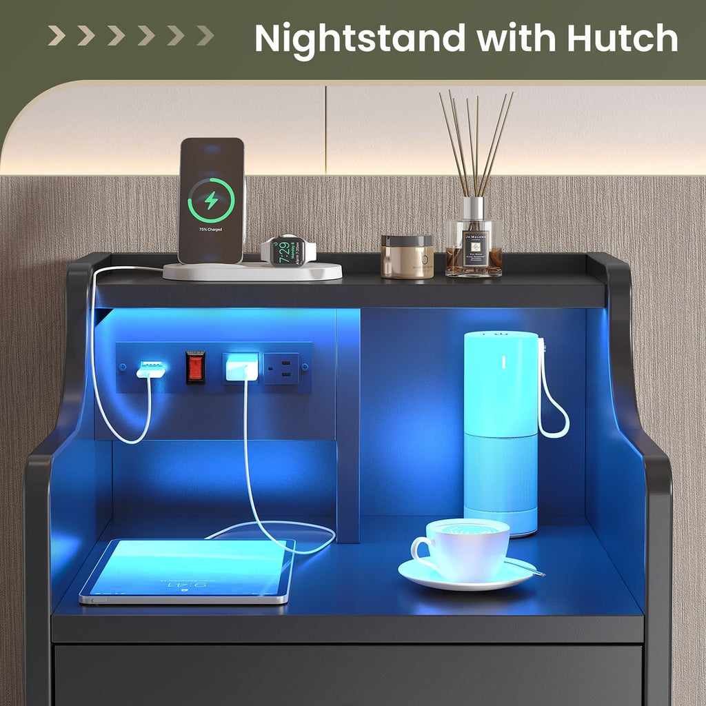 Black LED bedside table with three drawers, illuminated shelf and built-in power panel