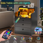 Black LED bedside table with three drawers, illuminated shelf and built-in power panel