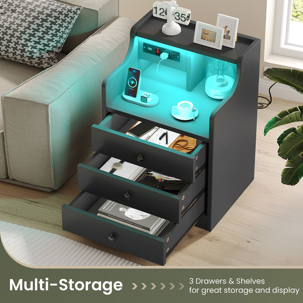 Black LED bedside table with three drawers, illuminated shelf and built-in power panel